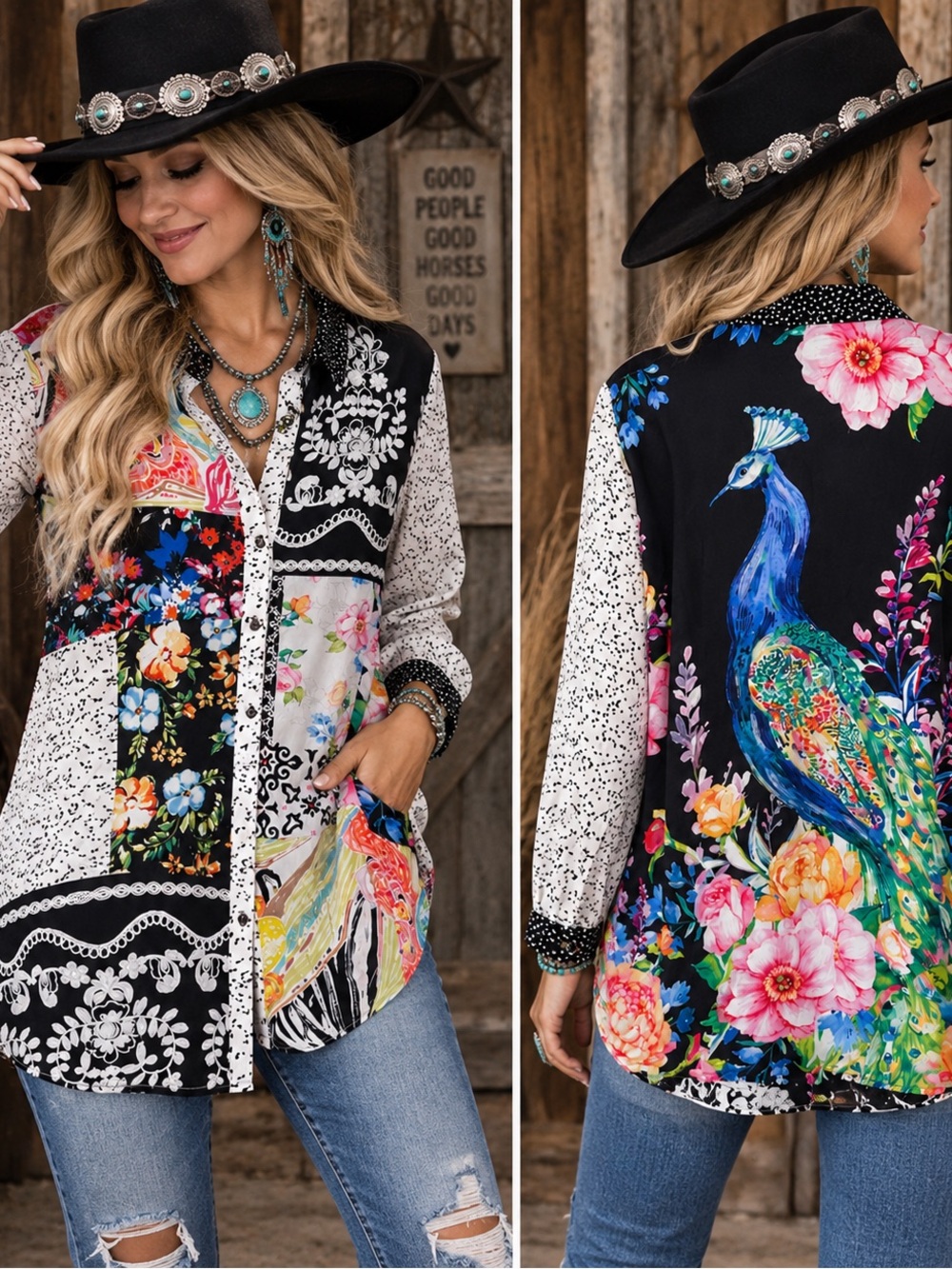 John Mark XL Peacock Floral Patchwork Button Down Tunic Boho Maximalist